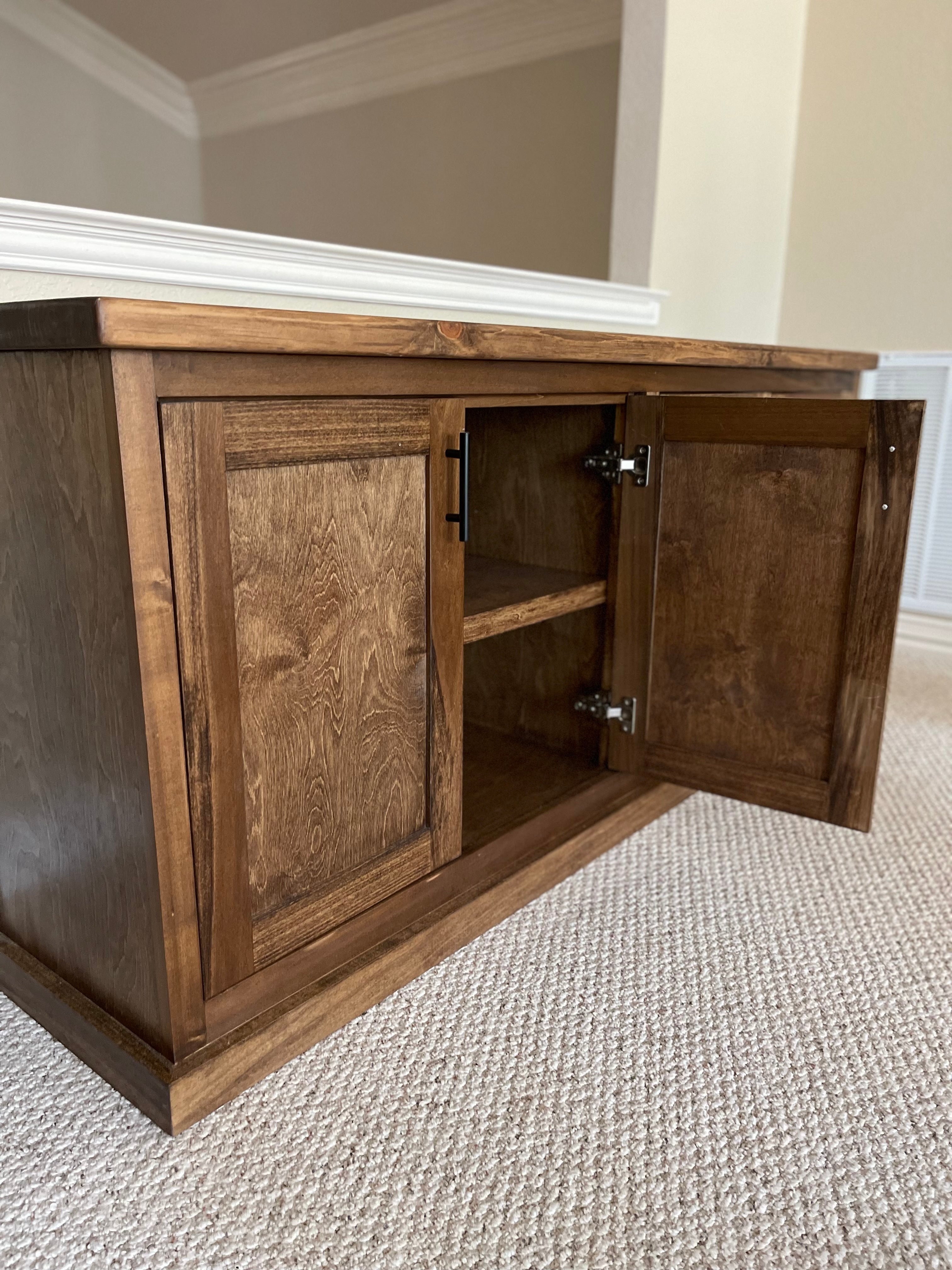large dark brown credenza looking modern and farmhouse. Great for organizing and convenience.