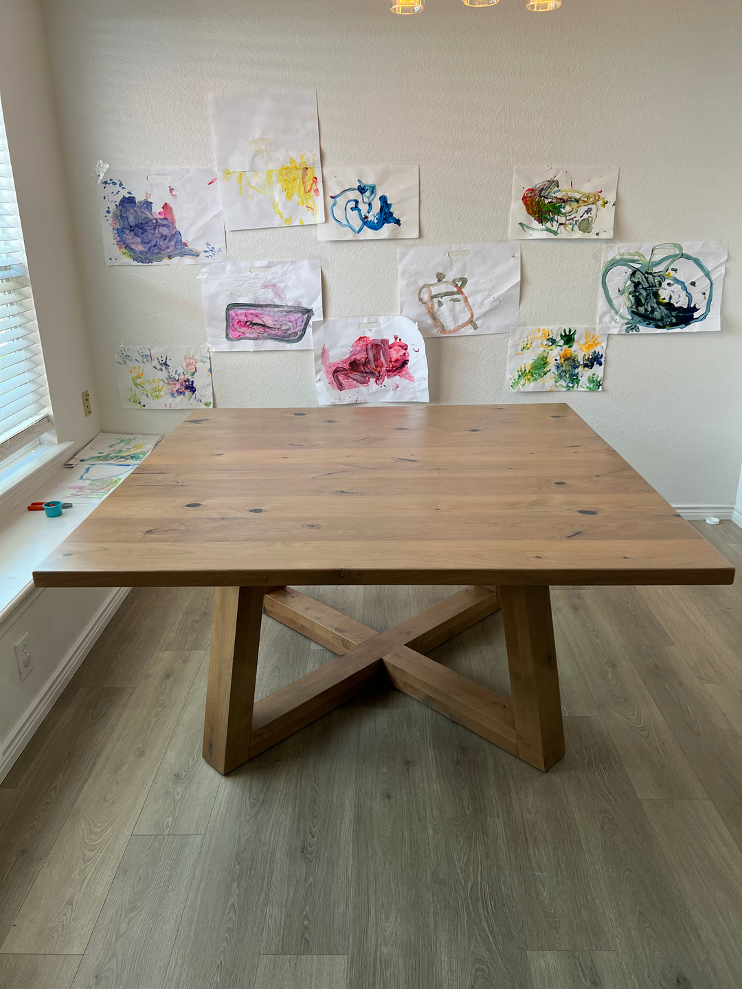 60inch trapezoid square dining table - knotty alder in teakwood