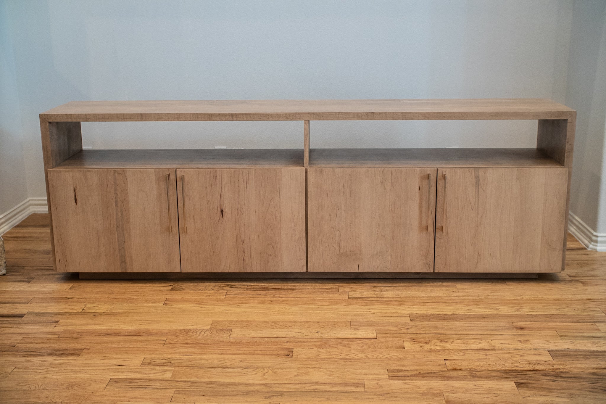 solid maple console table with 4 doors and gold handles